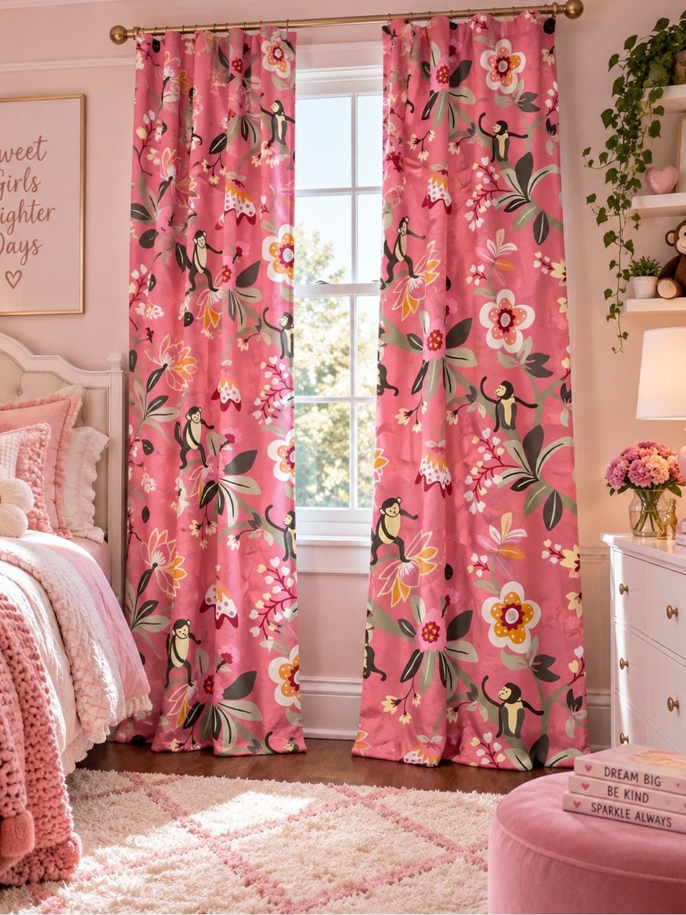 Pottery Barn Kids Pink Floral Monkey Blackout Drapes